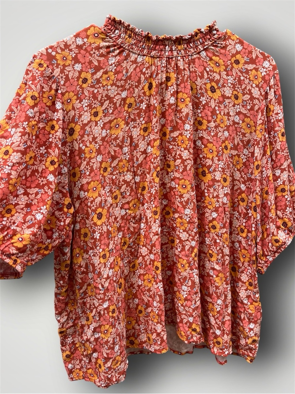 Knox Rose Boho Floral Mock Neck Blouse Orange Red Short Sleeve